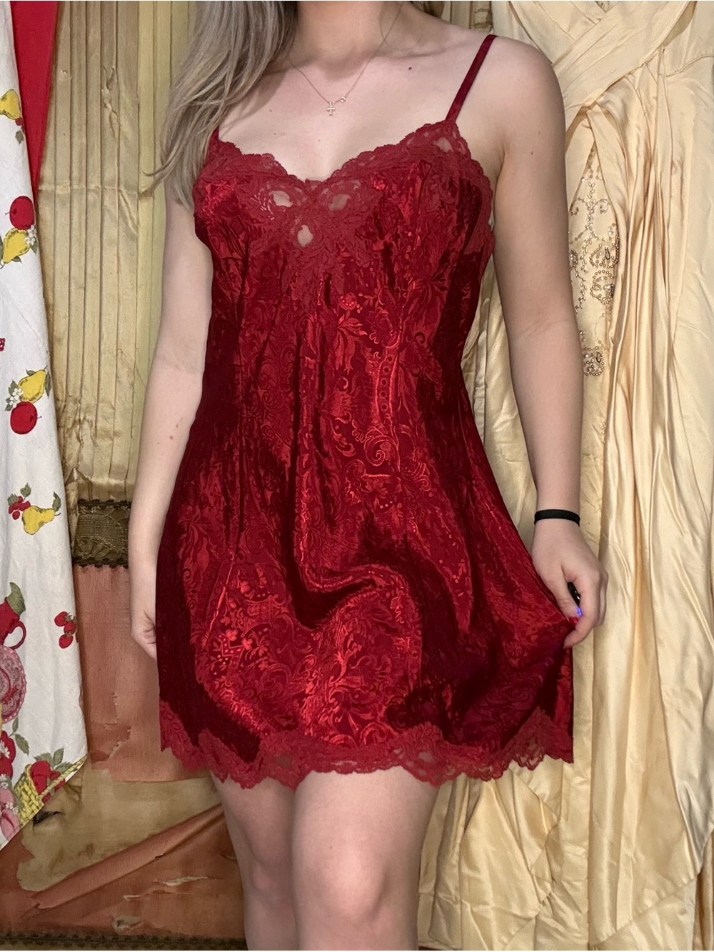 Vintage 80’s Gold Label Victoria's Secret Deep Red Lace-Trim Chemise